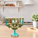 Cohen Tsemach Art & Gift 7 Branch Menorah Candle Holder Jerusalem Hand Painted Crystal Rhinestones Bejeweled Turquoise