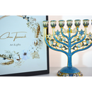Cohen Tsemach Art & Gift 7 Branch Menorah Candle Holder Crystal Rhinestones Bejeweled Hand-Painted Star of David Enamel Candlesticks Motifs of pomegranates and doves Blue