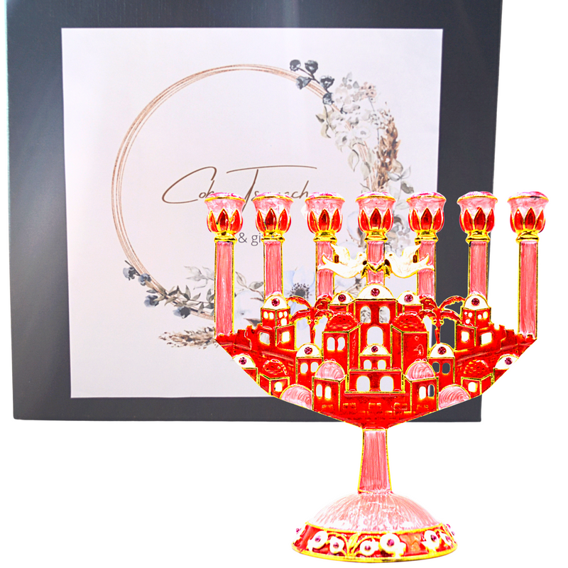 Cohen Tsemach Art & Gift 7 Branch Menorah Candle Holder Jerusalem Hand Painted Crystal Rhinestones Bejeweled
