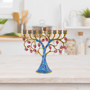 Cohen Tsemach Art & Gift Hand Painted Enamel Menorah Hanukkah Hanukkiah Pomegranate Blue & pink