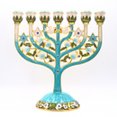 Cohen Tsemach Art & Gift 7 Branch Menorah Candle Holder Crystal Rhinestones Bejeweled Hand-Painted Star of David Enamel Candlesticks Motifs of pomegranates and doves