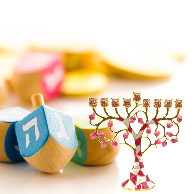 Cohen Tsemach Art & Gift Hand Painted Enamel Menorah Hanukkah Embellished with an Intertwining Pomegranate Design