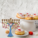 Cohen Tsemach Art & Gift Hand Painted Enamel Menorah Hanukkah Hanukkiah Pomegranate Blue & pink