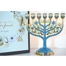 Cohen Tsemach Art & Gift 7 Branch Menorah Candle Holder Crystal Rhinestones Bejeweled Hand-Painted Star of David Enamel Candlesticks Motifs of pomegranates and doves Blue