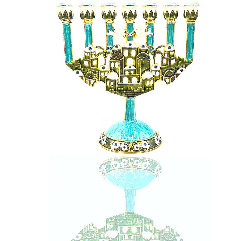 Cohen Tsemach Art & Gift 7 Branch Menorah Candle Holder Jerusalem Hand Painted Crystal Rhinestones Bejeweled Turquoise