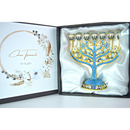 Cohen Tsemach Art & Gift 7 Branch Menorah Candle Holder Crystal Rhinestones Bejeweled Hand-Painted Star of David Enamel Candlesticks Motifs of pomegranates and doves Blue