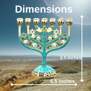 Cohen Tsemach Art & Gift 7 Branch Menorah Candle Holder Crystal Rhinestones Bejeweled Hand-Painted Star of David Enamel Candlesticks Motifs of pomegranates and doves