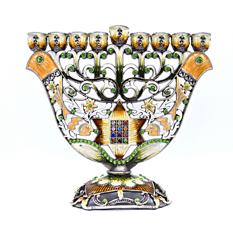 Cohen Tsemach Art & Gift Menorah Hanukkah two doves priestly breastplate Green Gold & Enamel With Zircons Nine Branch Chanukia