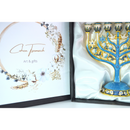 Cohen Tsemach Art & Gift 7 Branch Menorah Candle Holder Crystal Rhinestones Bejeweled Hand-Painted Star of David Enamel Candlesticks Motifs of pomegranates and doves Blue