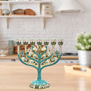 Cohen Tsemach Art & Gift 7 Branch Menorah Candle Holder Crystal Rhinestones Bejeweled Hand-Painted Star of David Enamel Candlesticks Motifs of pomegranates and doves