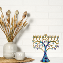 Cohen Tsemach Art & Gift Hand Painted Enamel Menorah Hanukkah Hanukkiah Pomegranate Turquoise
