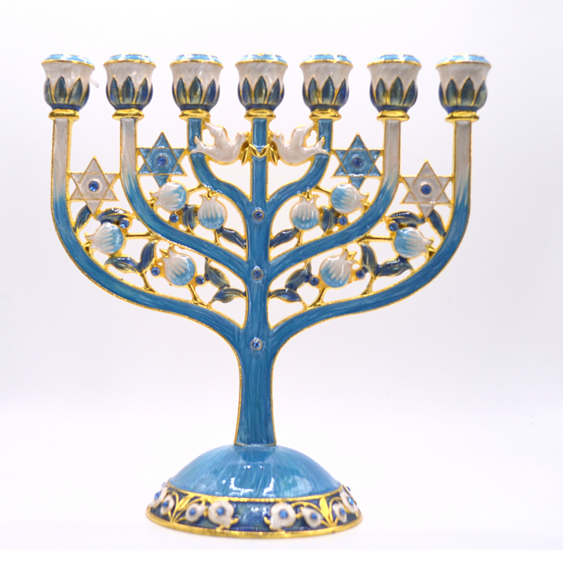 Cohen Tsemach Art & Gift 7 Branch Menorah Candle Holder Crystal Rhinestones Bejeweled Hand-Painted Star of David Enamel Candlesticks Motifs of pomegranates and doves Blue