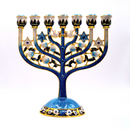 Cohen Tsemach Art & Gift 7 Branch Menorah Candle Holder Crystal Rhinestones Bejeweled Hand-Painted Star of David Enamel Candlesticks Motifs of pomegranates and doves Blue