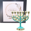 Cohen Tsemach Art & Gift 7 Branch Menorah Candle Holder Crystal Rhinestones Bejeweled Hand-Painted Star of David Enamel Candlesticks Motifs of pomegranates and doves