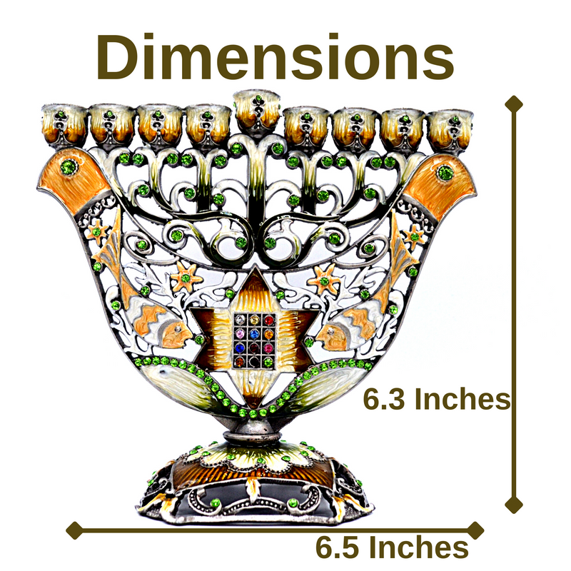 Cohen Tsemach Art & Gift Menorah Hanukkah two doves priestly breastplate Green Gold & Enamel With Zircons Nine Branch Chanukia