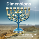 Cohen Tsemach Art & Gift 7 Branch Menorah Candle Holder Crystal Rhinestones Bejeweled Hand-Painted Star of David Enamel Candlesticks Motifs of pomegranates and doves Blue