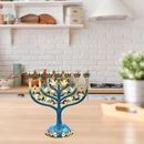 Cohen Tsemach Art & Gift 7 Branch Menorah Candle Holder Crystal Rhinestones Bejeweled Hand-Painted Star of David Enamel Candlesticks Motifs of pomegranates and doves Blue