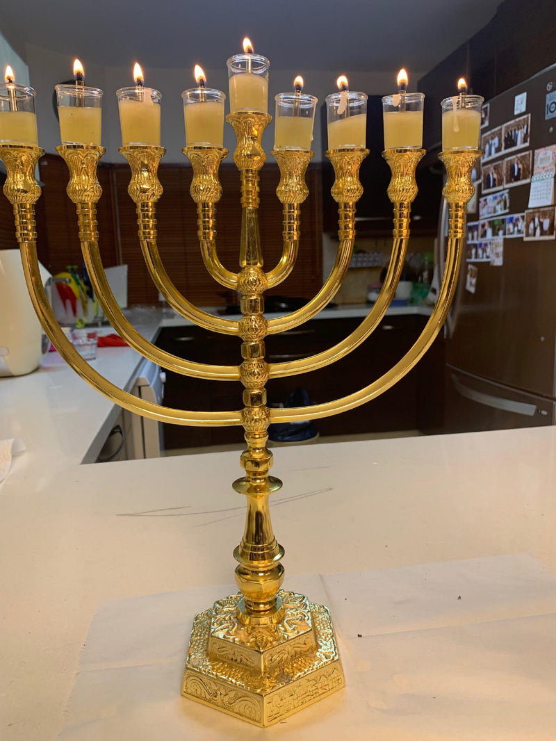 Amazing Hanukkih Brass Copper 14 Inch Height Massive Temple Hanukkiah Jerusalem Candle Holder Oil