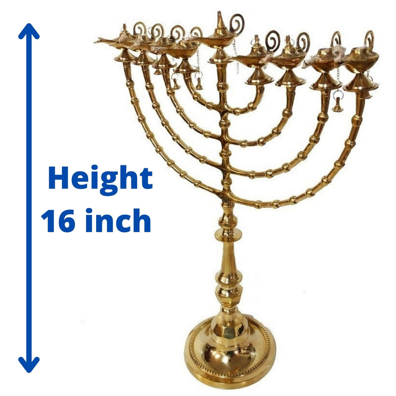 Brass Copper 16 Inch / 40 cm Height Hand Made Large Chnukiah Hanukkah Candle Holder With 9 Genie Aladdin Oil Lamp