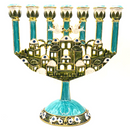 Cohen Tsemach Art & Gift 7 Branch Menorah Candle Holder Jerusalem Hand Painted Crystal Rhinestones Bejeweled Turquoise