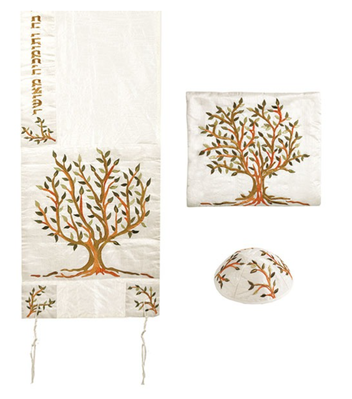 White Raw Silk Yair Emanuel Tallit with Matching Bag and Kippa- Tree of Life