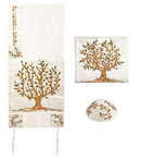 White Raw Silk Yair Emanuel Tallit with Matching Bag and Kippa - Tree of Life