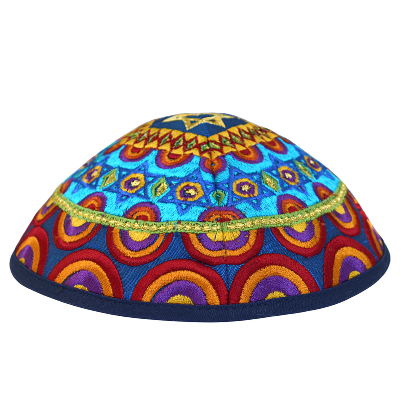 Emanuel Embroidered Silk Kippah - Stars of David Rainbow Colorful Yarmulke