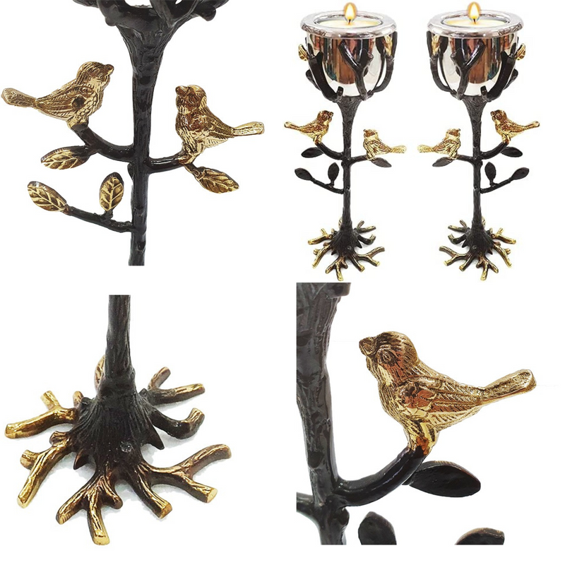 Amazing Yair Emanuel Tree of Life Candlestick Holders for Shabbat and Yom Tov | Unique Sculpted Design Gold Accent Birds