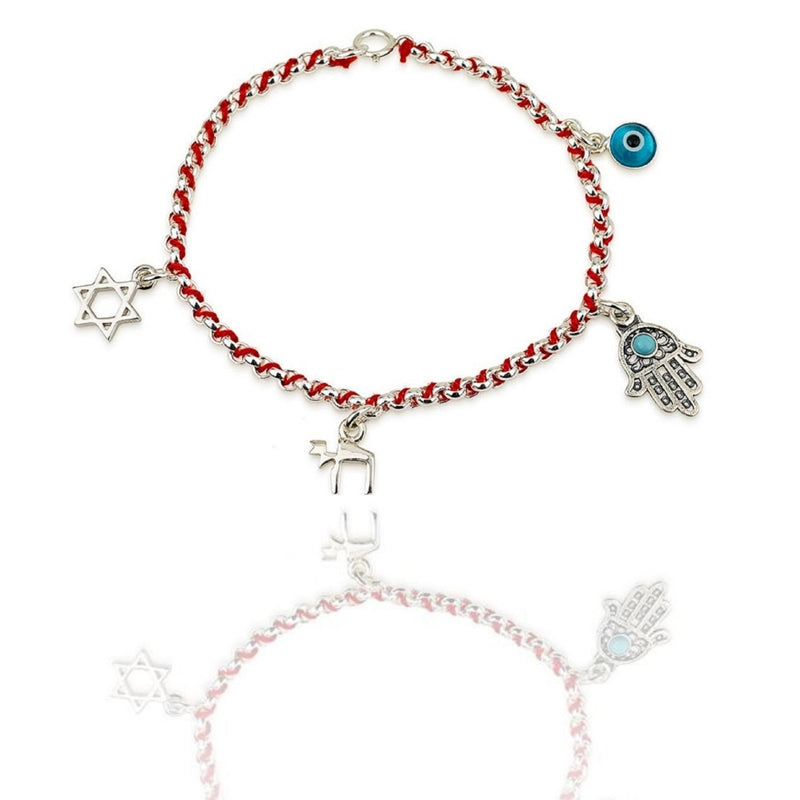 Red Wool Thread String Bracelet With 4 Jewish Judaica Silver 925 Pendant Art Kabbalah Charms: Evil Eye, Chai, Star Of David, Hand Hamsa