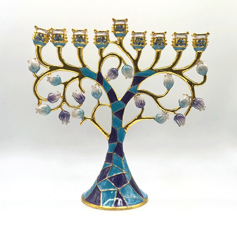 Cohen Tsemach Art & Gift Hand Painted Enamel Menorah Hanukkah Hanukkiah Pomegranate Turquoise