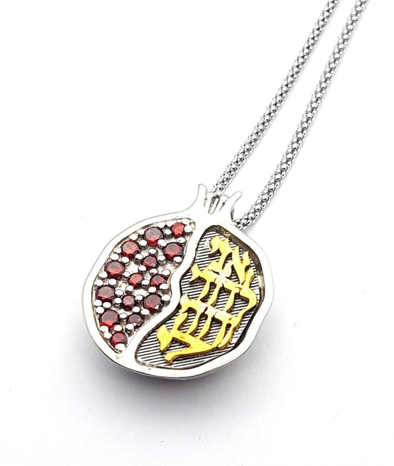 Handmade 925 Silver 9k Gold Ani Le Dodi Pomegranate Pendant Necklace set With Garnets Judaica Gift