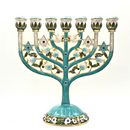 Cohen Tsemach Art & Gift 7 Branch Menorah Candle Holder Crystal Rhinestones Bejeweled Hand-Painted Star of David Enamel Candlesticks Motifs of pomegranates and doves