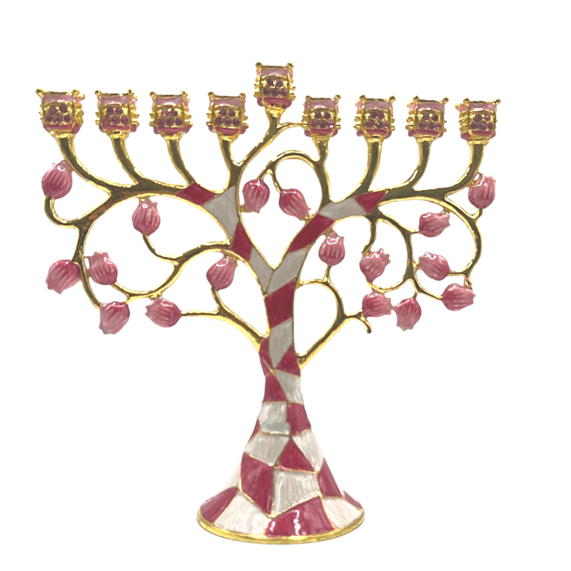 Cohen Tsemach Art & Gift Hand Painted Enamel Menorah Hanukkah Embellished with an Intertwining Pomegranate Design