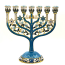 Cohen Tsemach Art & Gift 7 Branch Menorah Candle Holder Crystal Rhinestones Bejeweled Hand-Painted Star of David Enamel Candlesticks Motifs of pomegranates and doves Blue