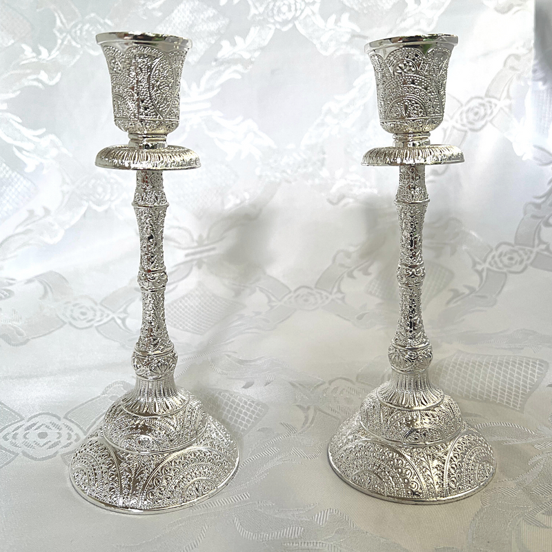 Set Silver Shabbat Candle Holder with Deluxe Engraved Design, Premium Silver Candlestick as Judaica Gift 7.5"