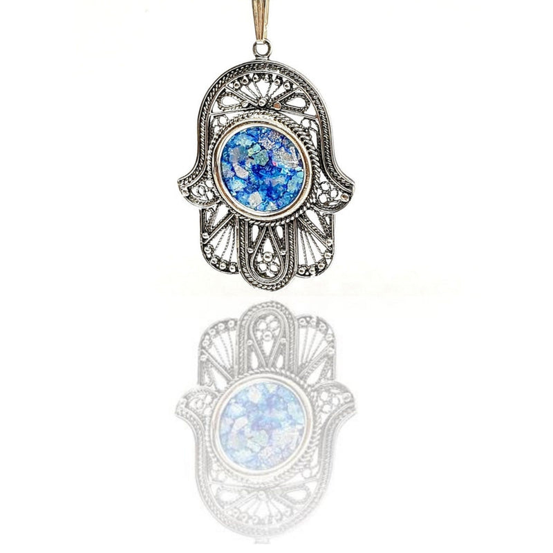 Amazing Large 925 Sterling Silver Roman Glass Filigree Hamsa Pendant necklace,Roman Glass Pendant,Holy Land Jewelry Handmade