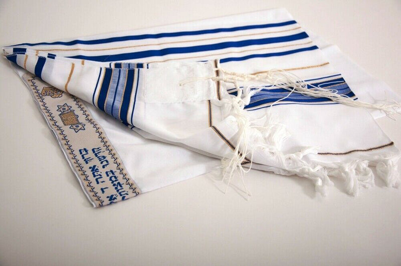 Acrylic Tallit Talit Prayer Shawl Blue / Gold Stripes in Size 24"X72"