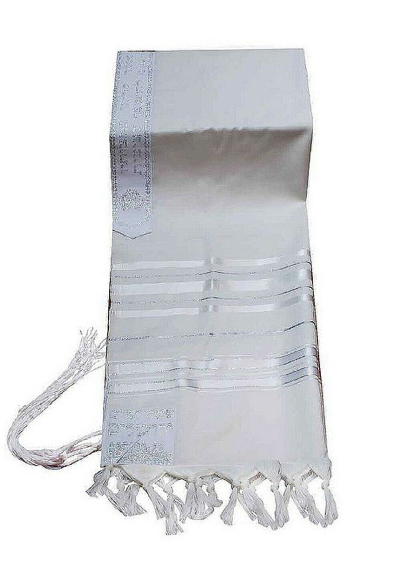 100% Wool Tallit Prayer Shawl in White and Silver Stripes Size 24" L X 72" W