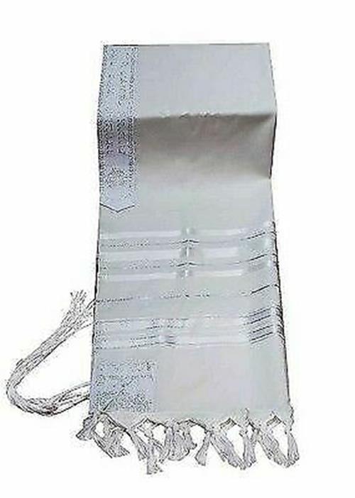 100% Wool Tallit Prayer Shawl in White and Silver Stripes Size 47" L X 68" W