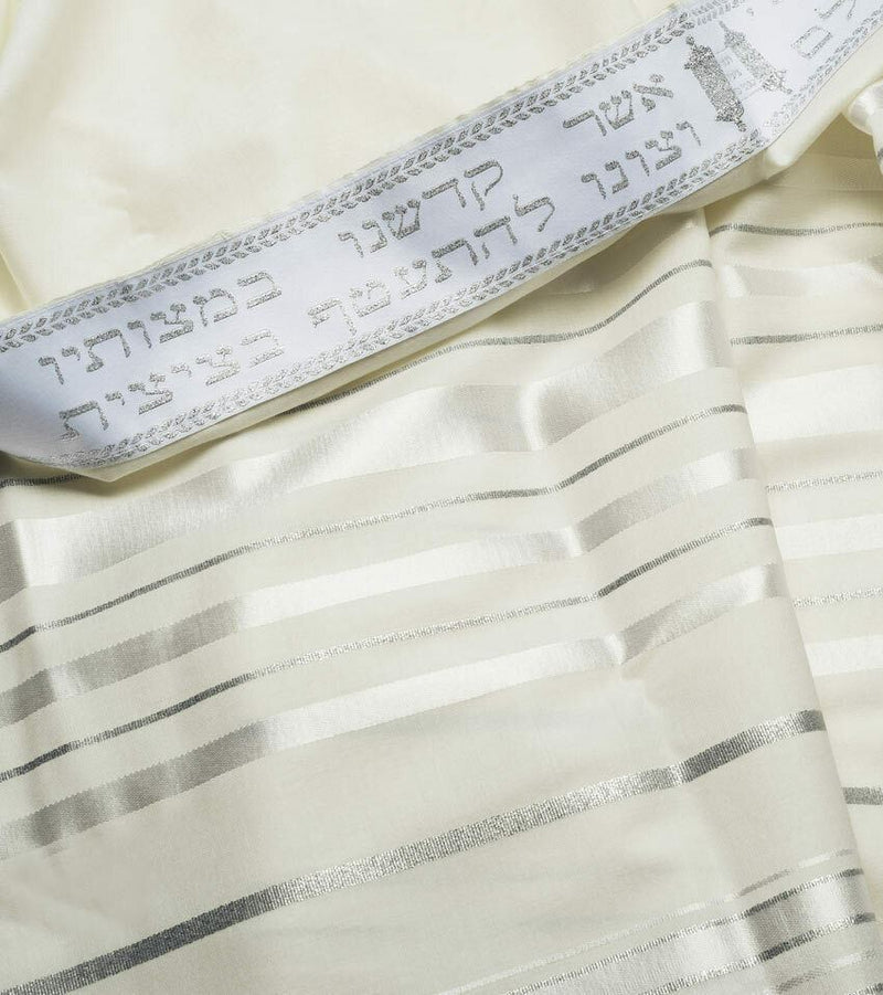 100% Wool Tallit Prayer Shawl in White and Silver Stripes Size 47" L X 68" W