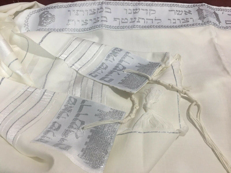 100% Wool Tallit Prayer Shawl in White and Silver Stripes Size 47" L X 68" W