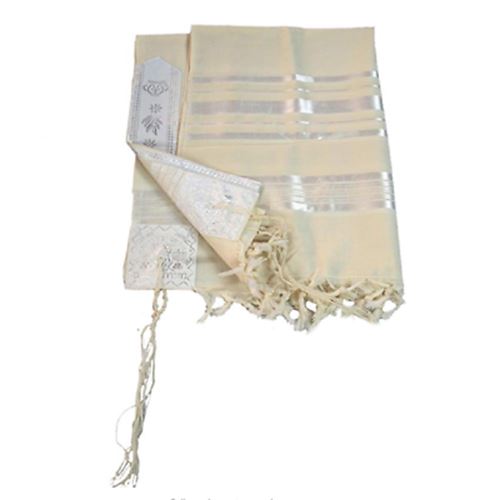 100% Wool Tallit Prayer Shawl in White and Silver Stripes Size 47" L X 68" W