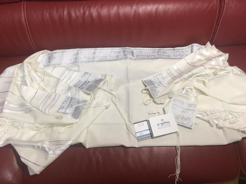 100% Wool Tallit Prayer Shawl in White and Silver Stripes Size 55" L X 75" W