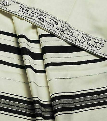 100% Wool Tallit Prayer Shawl in Black and Silver Stripes Size 36" L X 72" W