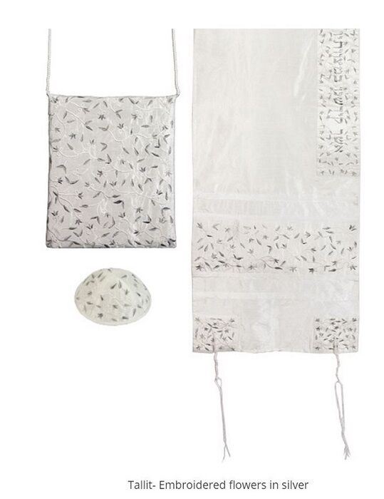 Yair Emanuel Women’s Tallit Set -Embroidered flowers in silver