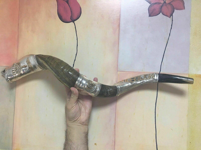 SHOFAR Menorah and Jerusalem Silver Plated Yemenite Kudu Israel 29"-31"