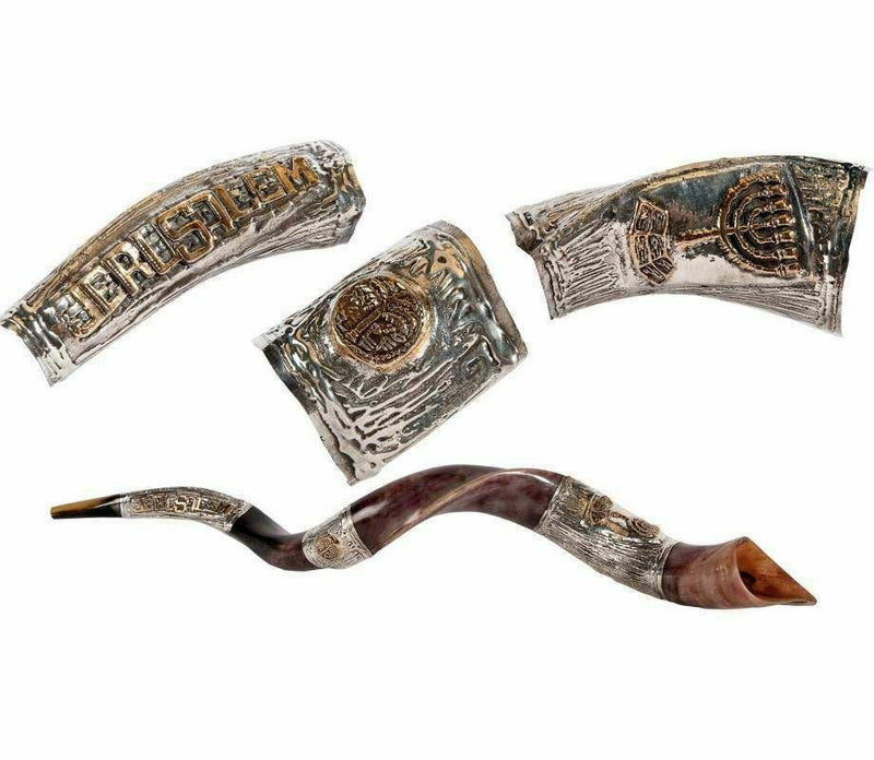 SHOFAR Menorah and Jerusalem Silver Plated Yemenite Kudu Israel 29"-31"