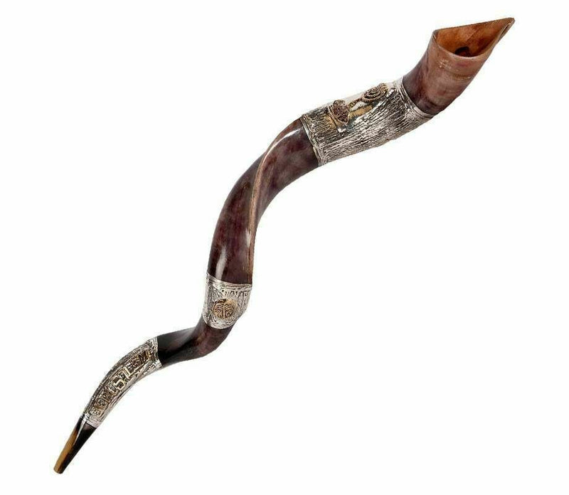 SHOFAR Menorah and Jerusalem Silver Plated Yemenite Kudu Israel 29"-31"