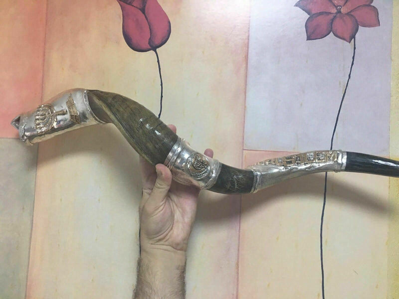 SHOFAR Menorah and Jerusalem Silver Plated Yemenite Kudu Israel 29"-31"