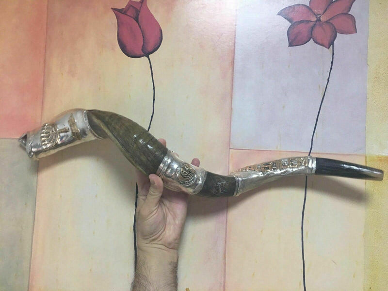 SHOFAR Menorah and Jerusalem Silver Plated Yemenite Kudu Israel 29"-31"